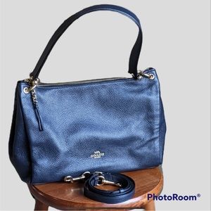 Coach Navy Blue Leather Bag With Gold Accents